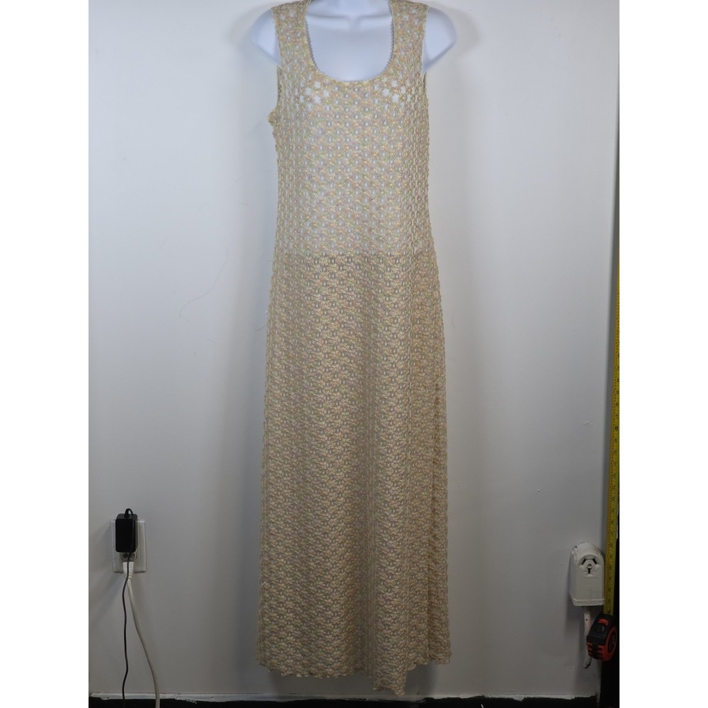 Jalate Womens Large Beige Sheer Lace Floral Tank Long Dress Vintage USA Made
